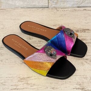 Kurt Geiger Kensington Flat Sandals Rainbow Metallic Stripe Slide Size 36.5 EU